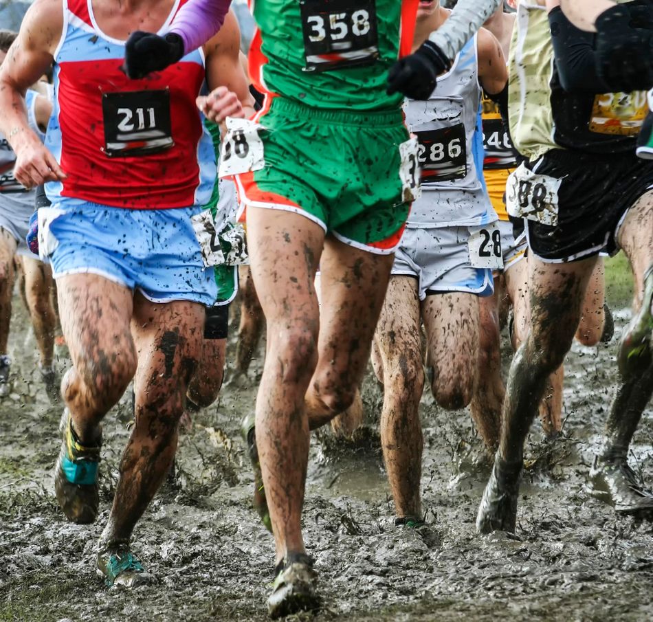 Coureurs en cross-country avec dossards dans la boue